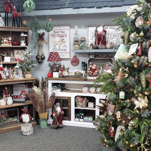 A corner of our store featuring a Christmas tree fully decorated with plaid ribbon, pine cone ornaments, deer figurines, and more. To the left of the tree, you'll find a selection of Santa figurines, gnome Santas, smaller Christmas trees, festive lamps, and a variety of holiday decorations, including festive coffee mugs.