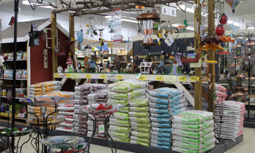Our selection of various bird seeds, birdhouses, bird feeders, decor, suet, and more