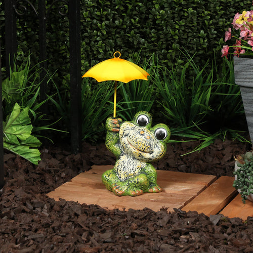 Alpine Sitting Jolly Frog with Yellow Umbrella Statue